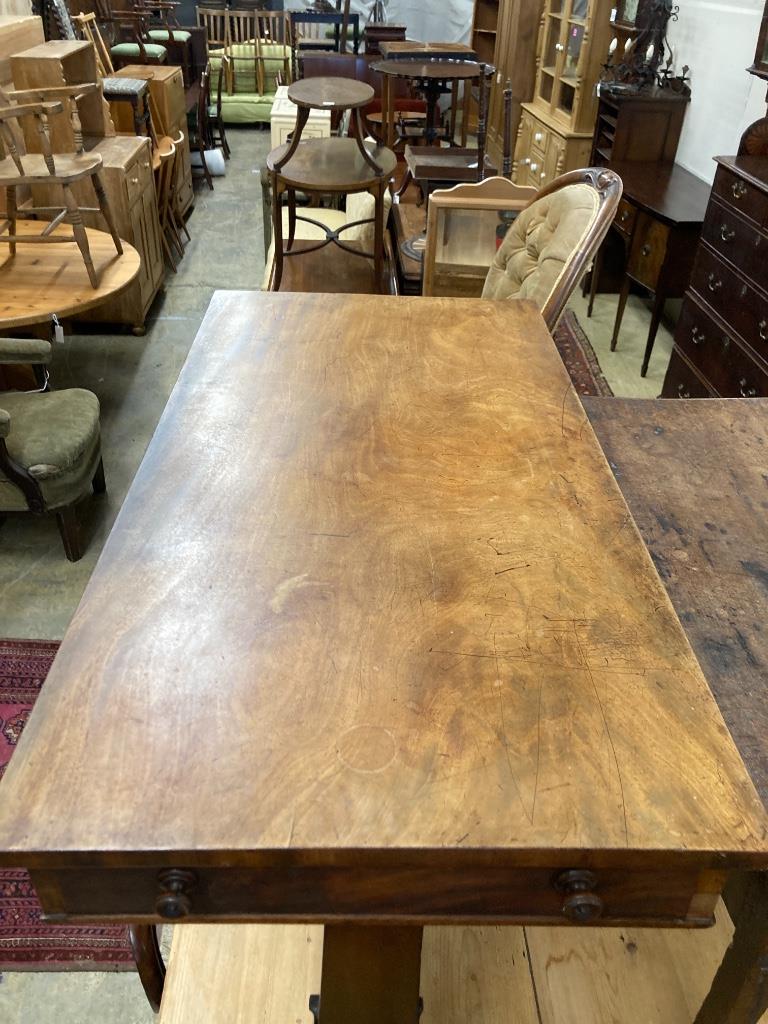 A Victorian carved mahogany two drawer centre table, width 106cm depth 54cm height 74cm